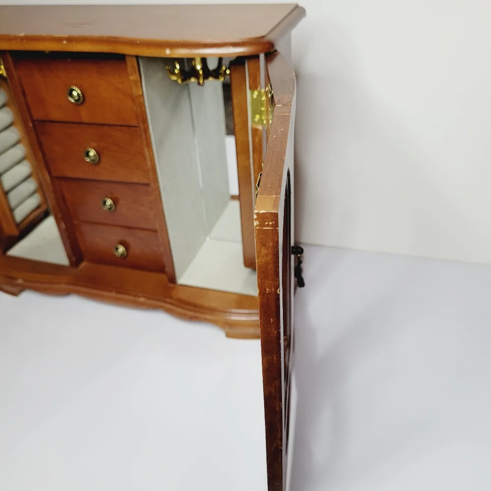 Vintage Wooden Jewelry Box Armoire Cabinet Etched Glass Doors Multiple Draws DIY